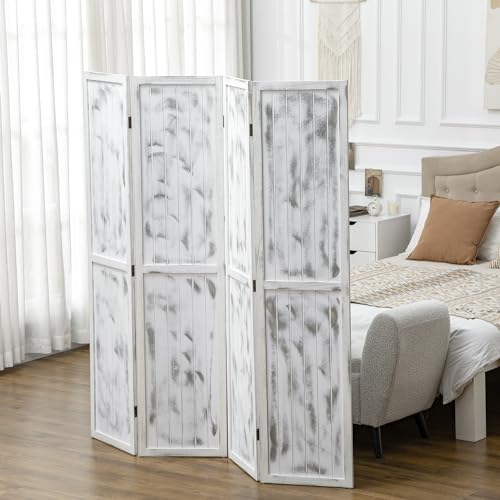 HOMCOM 4-Panel Room Divider, 5.5' Tall, Woodgrain, Rustic White | Freestanding Privacy Divider, Partition Wall Divider for Room Separation