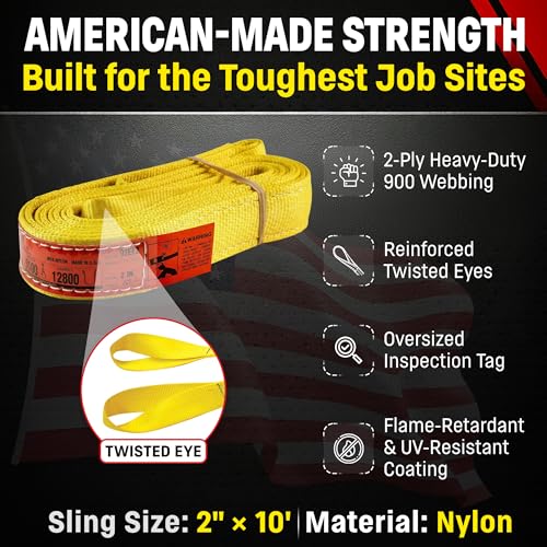 DD Sling (USA Made). 2" wide X (4' to 20' lengths) in Listing! 2 Ply Twisted Eye, Nylon Lifting Slings, Eye & Eye, Heavy Duty (900 webbing), 6,400 lbs Vertical, 5,100 Choker, 12,800 Basket Load Capacity (2inX10ft) - size: 2 in x 10 ft