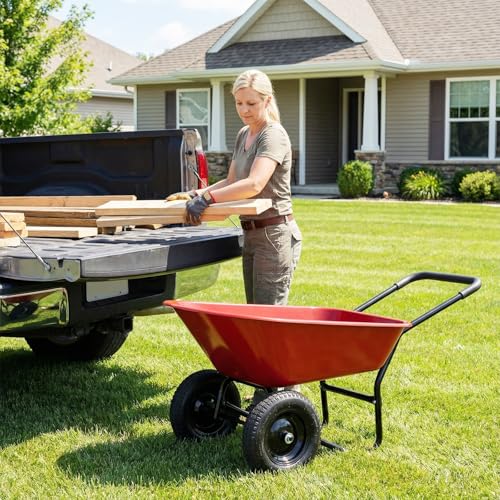IRONMAX Dual-Wheel Wheelbarrow with All-Terrain Wheels, 220LBS, Red | Heavy Duty Wheel Barrow Gardening Cart, Yard Cart with Built-In Stand for Lawn, Farm & Planting - color: Red