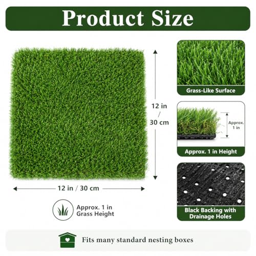 Chicken Nesting Pads 8 Pack, 12 x 12 Inch Washable Reusable Nesting Box Pads for Chicken Coop, Artificial Grass Nesting Box Liners with Black Backing and Drainage Holes, Green
