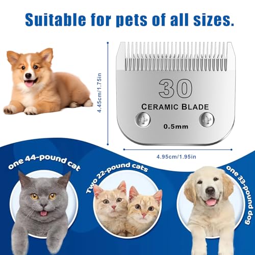 30# Detachable Pet Dog Grooming Clipper Ceramic Blade,Compatible with Andis Size 30 Cut Length 1/50"(1.5mm),Compatible with andis/wahl/Oster Dog Clippers 2PCS - color: Silvery-3