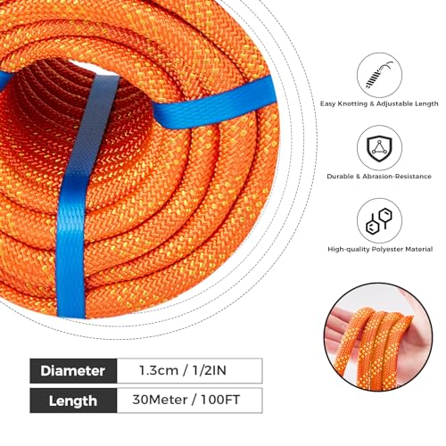 1/2 Inch Double Braided Polyester Arborist Rope, 1/2in 100ft Heavy Duty Nylon Rope for Anchor, Tree Work, Cargo, Pulling, Sailing - size: 1/2in x 100ft, style: Orange