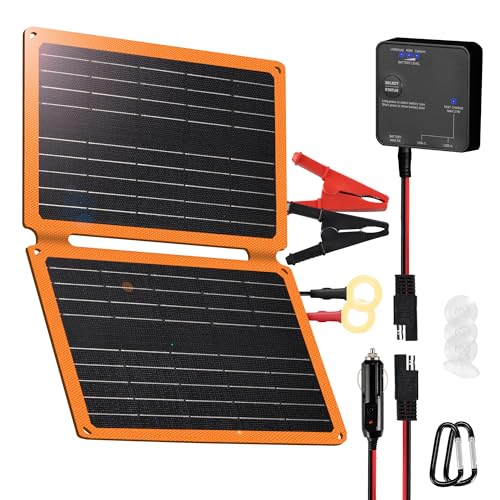FieryRed 20W 12V Solar Panel Car Battery Charger & Maintainer, Foldable Trickle Charger with Built-in Controller, Cig Plug, Alligator Clips, USB-C, USB-A Outputs for Car, Boat, RV, Tractor - size: 20W