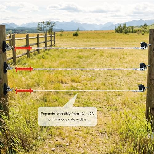 3 Pack Electric Fence Bungy Gate Kit - Expands 13ft to 23ft Heavy Duty Bungee Rope Gate for Livestock and Horses | Includes Insulated Handle, Pinlock 3-Way Insulator & Anchor for Farm Pasture Fence
