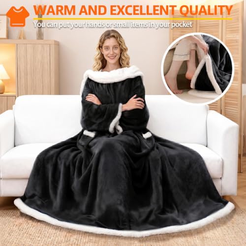 Wearable Heated Blanket With Sleeves & Foot Pocket, Heated Throw Blankets Fast Heating Blanket With 10 Heat Settings Auto Shut Off Over-Heat Protection-Warm Gift, Machine Washable, 52”*72”+18” - color: Black