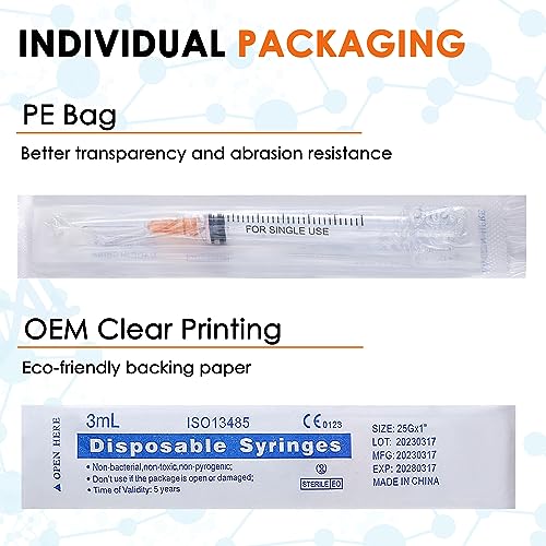 Arrebol 3ml syringe with luer lock needle,Plastic Disposable Syringe Tool for Scientific Labs,Liquids Refilling,Measuring,Individually Sealed Packaging (3ml with 23G1inch Needle 100-Pack)
