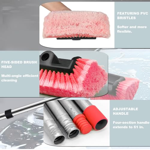 Car Wash Brush with Long Handle – Five-Sided Soft Bristle Brush for Car, Truck, SUV, RV, Boat & House Siding Cleaning(Red) - color: Red