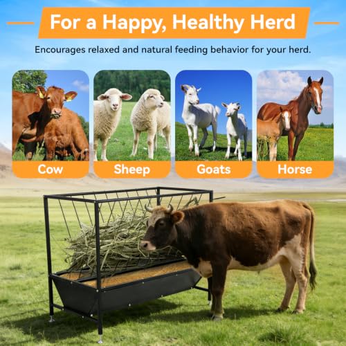 70 Gallon Pasture Hay Feeder, Heavy-Duty 2-in-1 Livestock Feeder with Grain Trough, Galvanized Steel Hay Rack for Goats, Sheep, Calves & Miniature Horses, Weather Resistant Farm Manger
