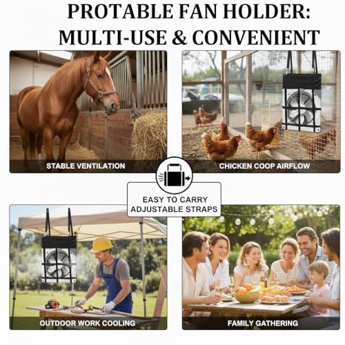 Box Fan Bag for Horse Stall – Heavy Duty Nylon Hanging Fan Holder for 20" x 20" Box Fans, Mesh Ventilated Cover with Snap Strap Hangers for Barn, Stable, Trailer, Farm, Livestock (2 Pack) (Black)