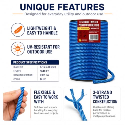 Heavy Duty PP/Polyester/Nylon Rope on Spool, Blue, 5/16inX1640FT | Weather-Resistant & Waterproof for Pool, Marine, Boating, Camping, Household, Towing, Construction & Rigging Applications - color: Blue, size: 5/16in X 1640FT