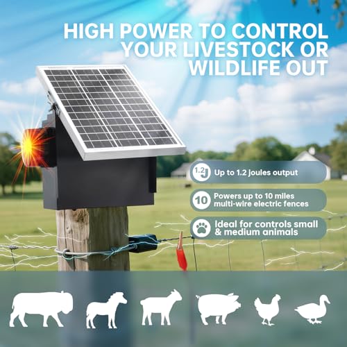 Solar Fence Charger with Warning Light, Briidea 1.2 Joules Solar Electric Fence Energizer, Dual Power (Solar & Adapter), Up to 10-Mile Range, IP64 Weather-Resistant, for Livestock, Garden & Pasture