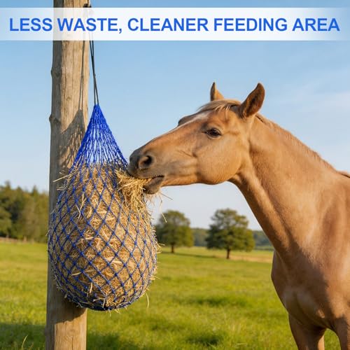 Windyun 4 Pcs Deluxe Ultra Slow Hay Feeder Nets, 42" Length with 1" Feeding Holes, Horse Supplies Heavy-Duty Top Loading Black Horse Hay Bag for Goats Sheep Livestock Barn Farm Feeding Tack(Blue) - color: Blue