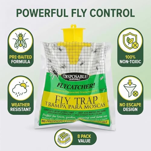 8-Pack Hanging Fly Trap Set with Disposable Bags; Includes Bait, Non-Toxic; Ideal for Backyards, Farms, Barns, Patios, and Gardens
