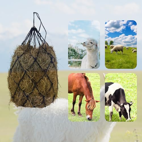 2 PCS Feed Hay Net, Hay Bag 40" Length and 4" Larger Holes with Metal Rings for Horses, Goat, Barn Supplies, Trailer & Stalls, Simulates Grazing, Reduce Waste