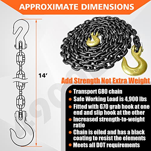 YATOINTO Grade 80 Log Chain 5/16'' X 14 Feet with Grab and Slip Hooks | Trailer Safety Chain WLL 4,900 lbs for Pulling & Towing