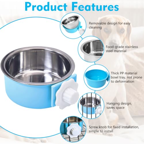 kathson Crate Dog Bowl, Removable Stainless Steel Hanging Pet Kennel Cage Bowl Food & Water Feeder Coop Cup for Puppy, Cat, Rabbit, Guinea Pigs Ferret Bird (2 PCS, Size: M, Blue and Green) - color: Size: M (Blue, Green), size: 2 PCS