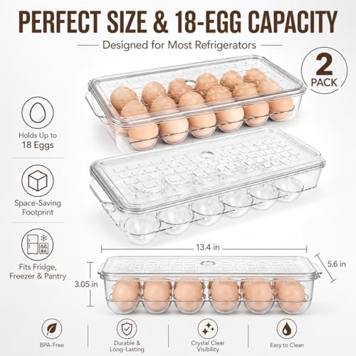 2 Pack 18 Egg Holder for Fridge - Plastic Stackable Egg Tray Holder With Lid - Egg Storage Container Organizer Bins with Air Hole and Handles for Refrigerator, Freezer, Pantry Organization - Clear