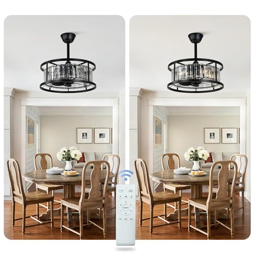 20" Crystal Ceiling Fan with Lights Caged Fandelier Ceiling Fan | Modern Crystal Chandelier Light for Bedroom Nursery Living Room, Remote Control Reversible 6 Speed 4 E26 Bulbs (Not Included) - color: Crystal Cage