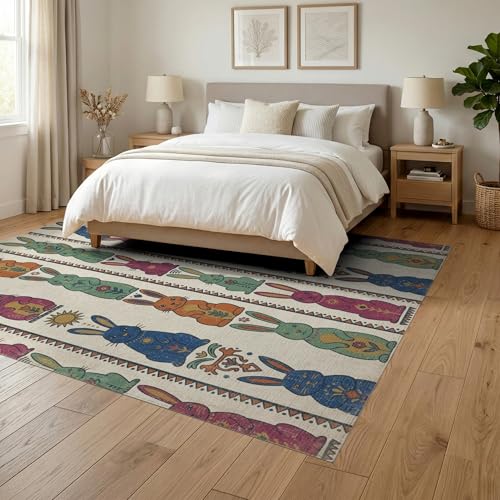 6'x9' Washable Geometric Rabbit Area Rug, Green Non-Shedding Pet Friendly Room Rug Foldable Easy Care Carpet for Queen Size Bedroom, Under Bed, Master Suite | Ref:1969466 - color: Beige/Pattern 3, size: 6' x 9' (Rectangular)