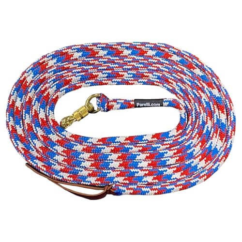 22 Foot Ground Training Rope - Strong Everyday Use All-Purpose Large Horse Lead Rope with Loop & Latigo Popper | 9/16" Diameter Smooth Yachting Braid, Red, White & Blue - color: Red, White & Blue
