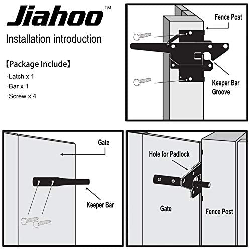 JIAHOO Post Mount Gate Latch for Wooden Fence - Heavy Duty Self Locking Gate Latch Hardware for Pool/Garden Gate Safety Latch, Automatic Fingertip Release Latches for Vinyl/Wood Fence, Black Finish