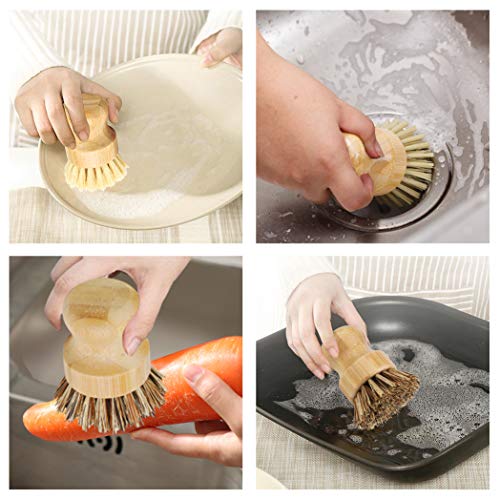 2 Pack Bamboo Dish Scrub Brush, Picowe Natural Scrub Cleaning Brush Vegetable Brush for Dishes Cast Iron Pots Pans, Used in Bathroom Kitchen Sink Household Cleaning
