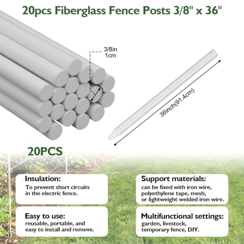 20 Pcs Fiberglass Fence Posts 3/8" x 36" White Fiberglass Rods Garden Stakes Fencing for Plants Tree Stakes DIY Projects Crafts Livestock Containment Temporary Electric Fence - size: 3/8" X 36"