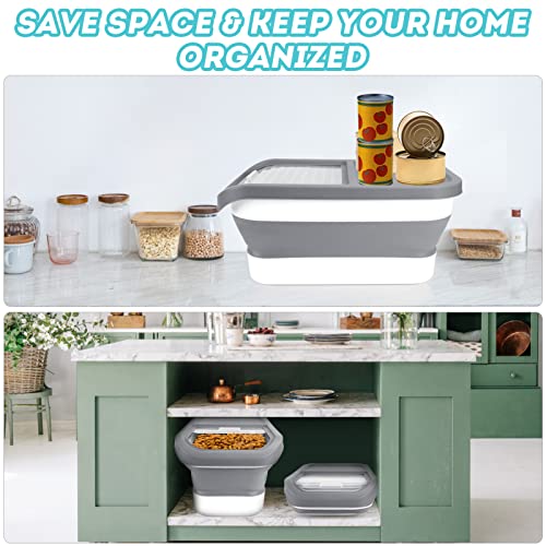 Pet Food Storage Containers, Collapsible Cat Food Container with Transparent Sliding Lid,10-13 lb Plastic Dog Food Bin with Measuring Cup and Dog Food Scoop - color: small gray