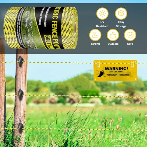Upgrade Electric Fence Polywire 660FT,200 Meters, 6 Stainless Steel Strands for Reliable Conductivity, Portable Electric Fencing, UV Resistant, Rust Resistant, Highly Conductive, Easy to Install - size: 660 Feet