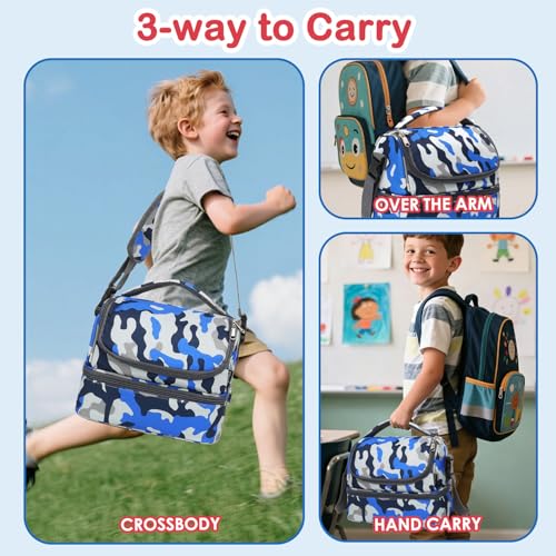 FlowFly Kids Double Decker Cooler Insulated Lunch Bag Large Tote for Boys, Girls, Men, Women, With Adjustable Strap, Blue Camo - color: Blue Camo