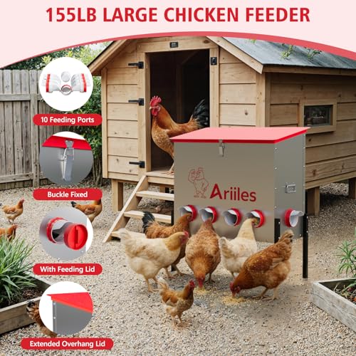Automatic Chicken Feeder, Metal Poultry Feeder, Chicken Feeders | 100LB Poultry Feeder With Stand & 10 Ports. Includes Bonus Vegetable Net, Feeder Sealant And Anchor Stakes For Chicken. - size: 100 LB