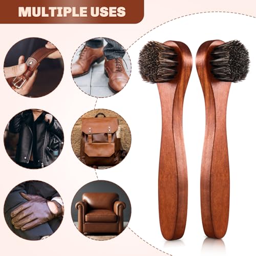 2 Pcs Horsehair Shine Shoes Brush Kit Polish Dauber Applicators Cleaning Leather Shoes Boots Care Brushes Suede Cleaner Brush(Brown Long Handle) - style: Brown Long Handle