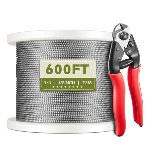 600FT 1/8" Stainless Steel Cable for Railing, 7x7 Wire Rope | Marine-Grade T316 SS, High Strength, Flexible for Deck Cable Railing System Kit, DIY Balustrades, Comes with a Cutter - size: 600 ft