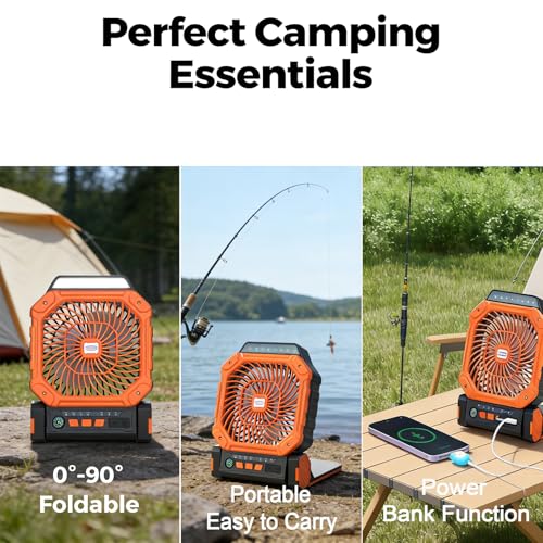 Solar Fan with LED Lantern - 10W Solar Panel Rechargeable Battery Powered Camping Fan for Outside, Portable Battery Operated Hurricane Supplies for Picnic, Barbecue, Fishing, Travel