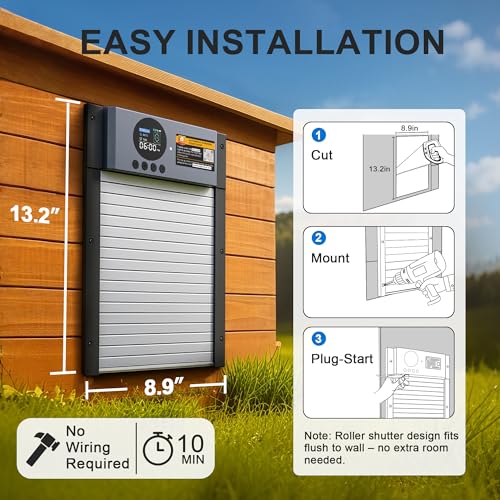 Automatic Chicken Coop Door – Solar Powered Auto Chicken Door with Light Sensor, Timer & Manual Control, 2500 mAh Battery +USB-C Backup, Aluminum,Waterproof, Anti-Pinch Safety, Fits Most Poultry Coops