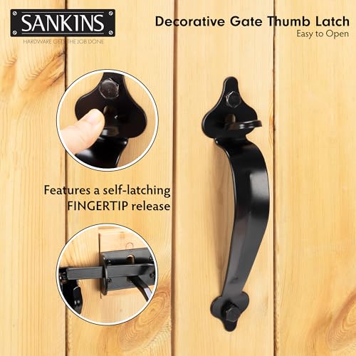 Thumb Gate Latch for Wooden Fence Heavy Duty, Thumb Latch Hardware with 9 inch Decorative Handle, Self Locking Thumb Latch for Swing Gate, Garden, Metal Gate, Vinyl Fence, Black