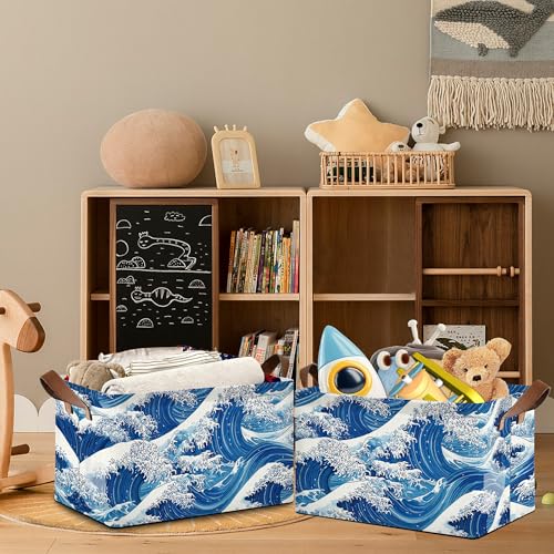 Ocean Wave Storage Baskets,Japanese Foldable Organizer Bin with Handles for Home Living Room Bedroom Closet Box 17x11.5x10Inch - color: Ocean Wave Japanese