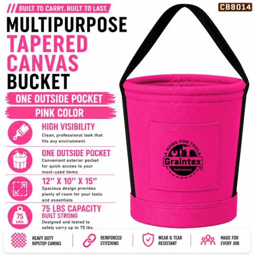 Graintex Tapered Canvas Bucket 12"x10"x15", Utility Tool Bucket One Inside Pocket, Reinforced Base & Carry Handle, Ripstop Canvas - color: Pink