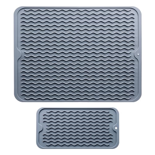 Silicone Dish Drying Mat - 2 Packs of Non-Slip Silicone Mat Easy Clean Drying Mat Large Heat-Resistant Dish Drainer Mat for Kitchen Counter, Sink, Refrigerator or Drawer Liner(16"x12", 12''x 6'' GREY)