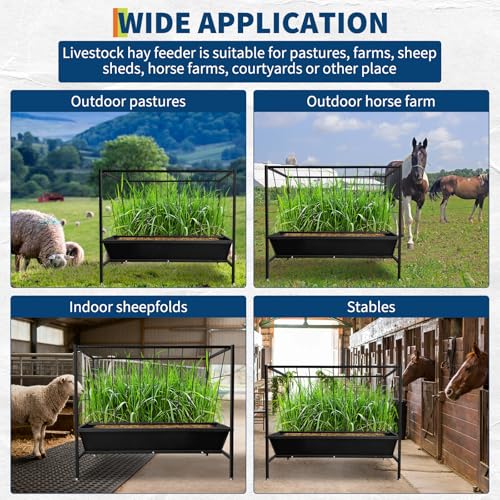 GarveeLife Pasture Hay Feeder 45 Gallon, Heavy Duty Steel 2-in-1 Livestock Feeder, Hay Grain Feeding Trough with 24 Gallon Feed Pan, Livestock Feeder for Sheep, Calf, Cow and Horse, Black