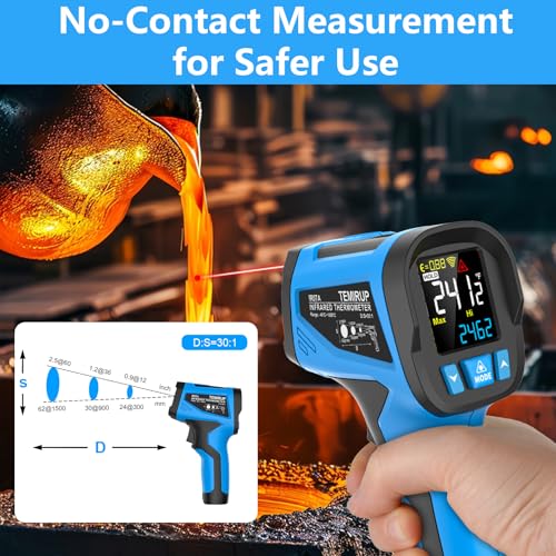 Infrared Thermometer Temperature Gun, Non-Contact High Temp Thermometer with Probe, 30:1 Laser Pyrometer with Color LCD for Cooking, Engine, Kiln, Forging, HVAC & Industrial, -40℉ to 2462℉ - color: Blue, size: IR07A -40℉~2462°F（-40℃~1350°C）