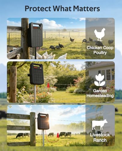 Solar Electric Fence Charger 10 Miles, 0.20J Solar Powered Fence Energizer with Rechargeable 10400mAh Battery, Portable Electric Fence Kit for Livestock, Chicken, Garden Protection, Auto Day/Night