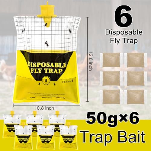 Outdoor Fly Traps for Patio - 6 Large Pre-Baited Flies Bags Disposable | Hanging Fly Catcher Killer Repellent with 6*50g Bait for Stable Horse Barn & Farm | Easy to use | Durable | Effective - size: 6 pack
