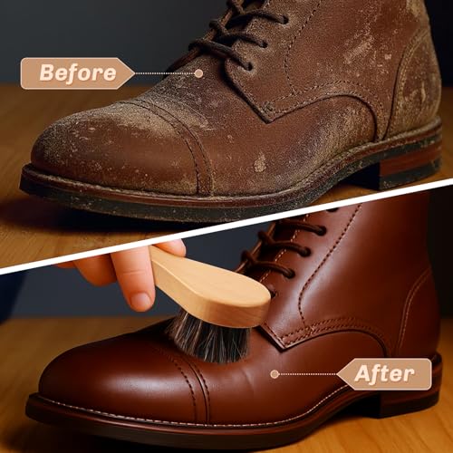 2 Pcs Horsehair Shine Shoes Brush Kit Polish Dauber Applicators Cleaning Leather Shoes Boots Care Brushes Suede Cleaner Brush(Wooden Style F) - style: Wooden Style F