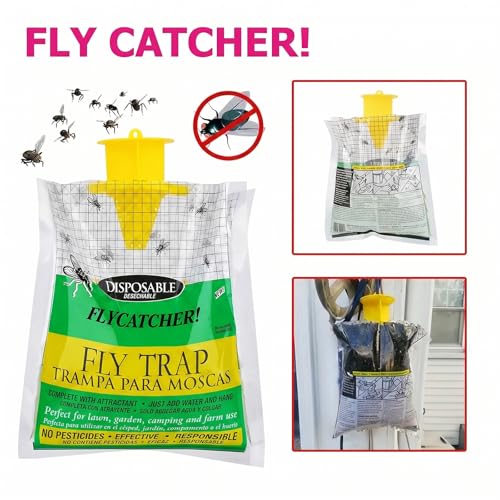 Fly Trap Bags 8 Pack Outdoor Hanging - Disposable Fly Catcher Mess-Free Bug Bags for Yard Garden Farm & Horse Ranch