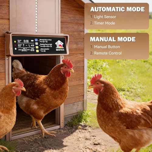 IBKINXX Automatic Chicken Coop Door Solar Powered,Golden Brown Chicken Door | LCD Display，Timer & Light Sensor, 4 Modes Anti-Pinch & Weather Proof with Remote Control, for Chickens, Ducks, Geese, Rabbits - color: Golden Brown