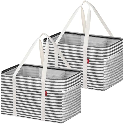 LHZK 2 Pack Utility Tote Bag with Metal Wire Frame and the Sides Rinforced, Large Tote Bag with Handle, Reusable Grocery Bags Foldable, Beach Bag, Car Tote, Black, 18.5''x11.8''x11.5'' - color: Black/White, size: 18.5''x11.8''x11.5''-2 Pack