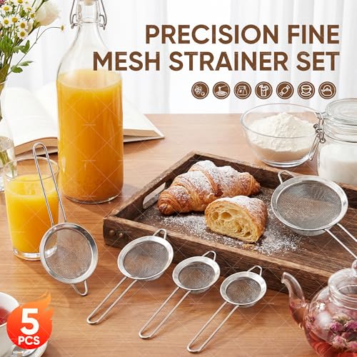 Fine Mesh Strainer Set 5 Pack, Stainless Steel Mini Small & Medium Sieves Colanders, Multipurpose Sifter Strainer for Tea, Pasta, Juice & Baking