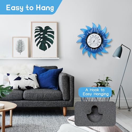 Outdoor Thermometer, Large Thermometer Outdoor Waterproof, Flowers Decorative Outdoor Thermometers for Patio, Outside Thermometer with Humidity - color: Blue