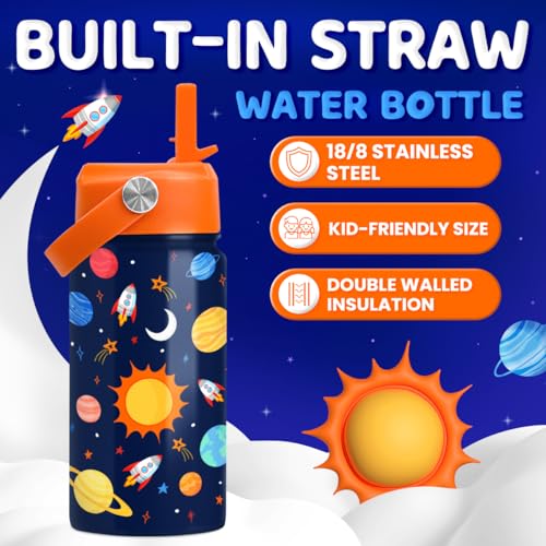 SANDJEST Space Water Bottle - Kids Water Bottle with Straw Lid - 12 Oz Insulated Stainless Steel Water Bottles for Kid Boys Girls - Travel Cup for School Sports - color: Outer Space
